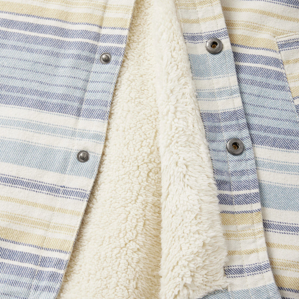 
                      
                        Front button and sherpa lining detail on the Harold Stripe Jacket by Katin
                      
                    