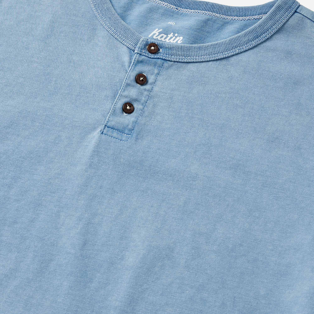 
                      
                        Front detail on the Bay Blue Sand Wash Mesa Henley by Katin
                      
                    