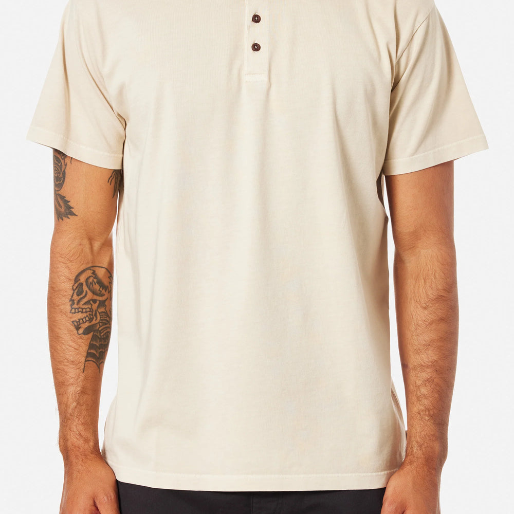 
                      
                        Men's beige henley style short sleeve tee
                      
                    