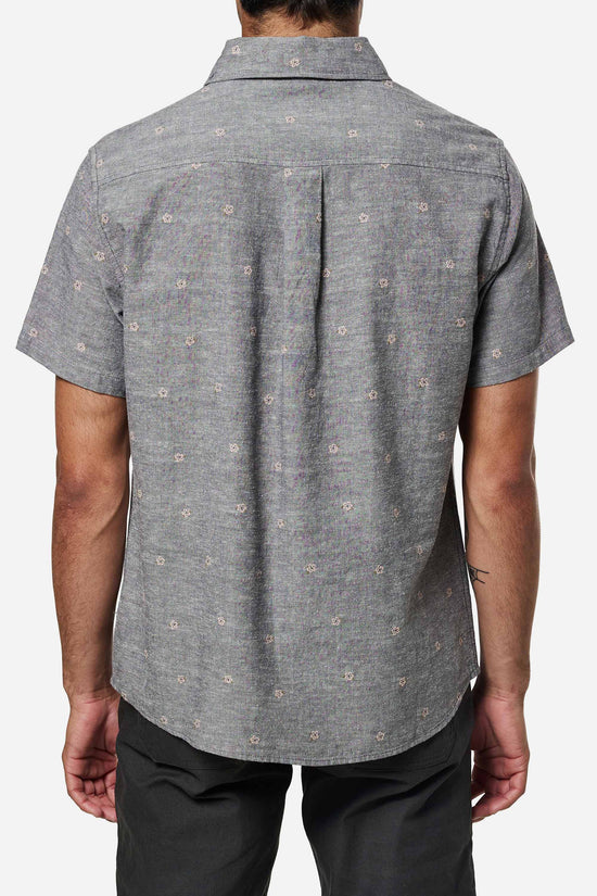 Back view of a black wash button up shirt with subtle floral dobby design by Katin
