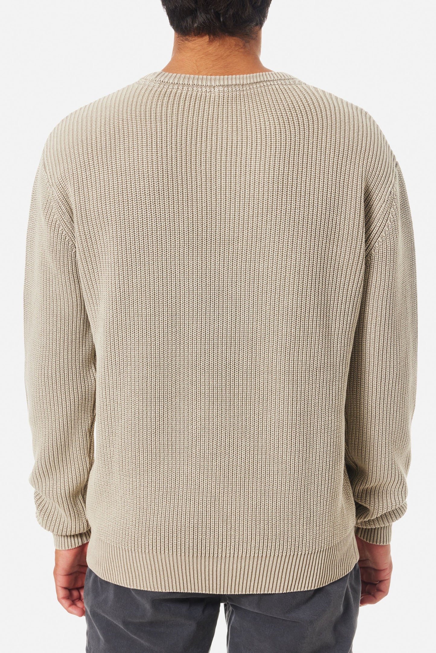 Back view of the Aluminum Swell Cable Knit Men's Sweater by Katin