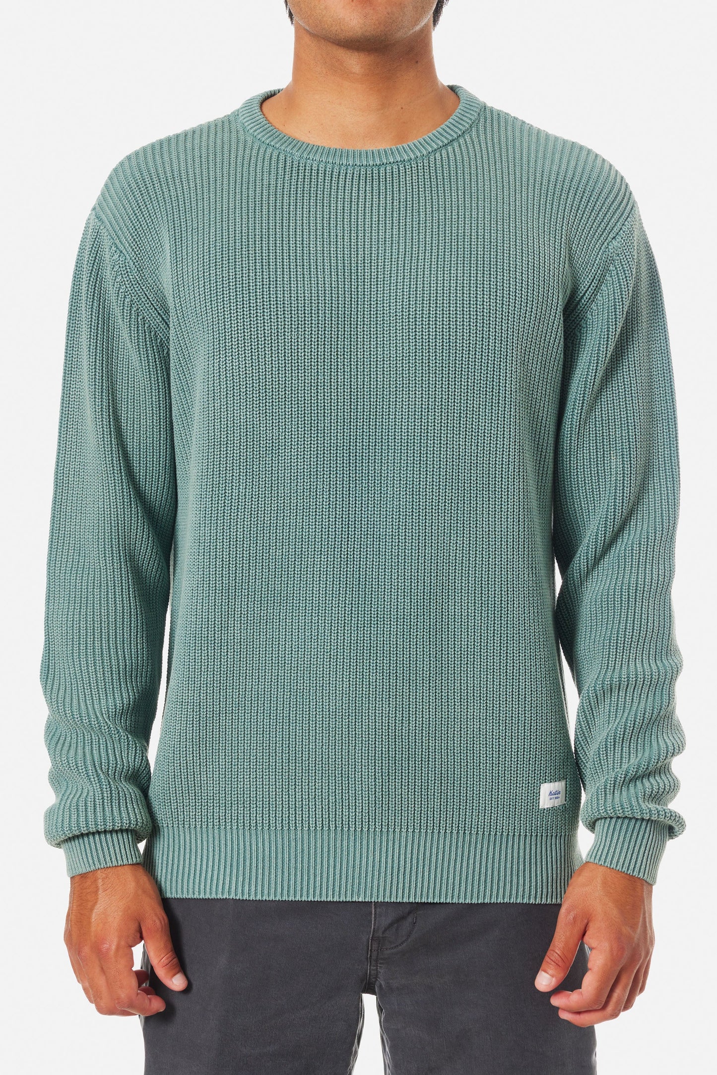 Front view of the Atlantic Green Swell Cable Knit Men's Sweater by Katin