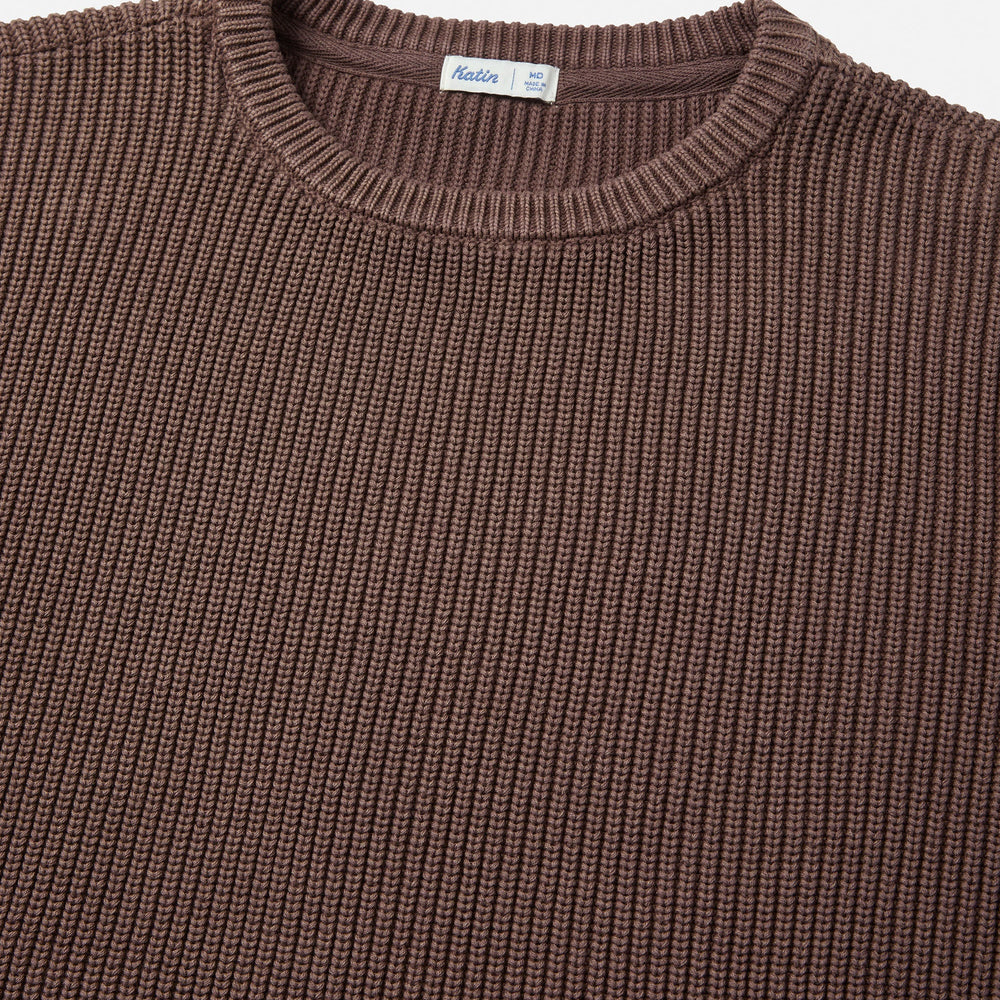 Neckline detail on the Rain Drum Swell Cable Knit Men's Sweater by Katin