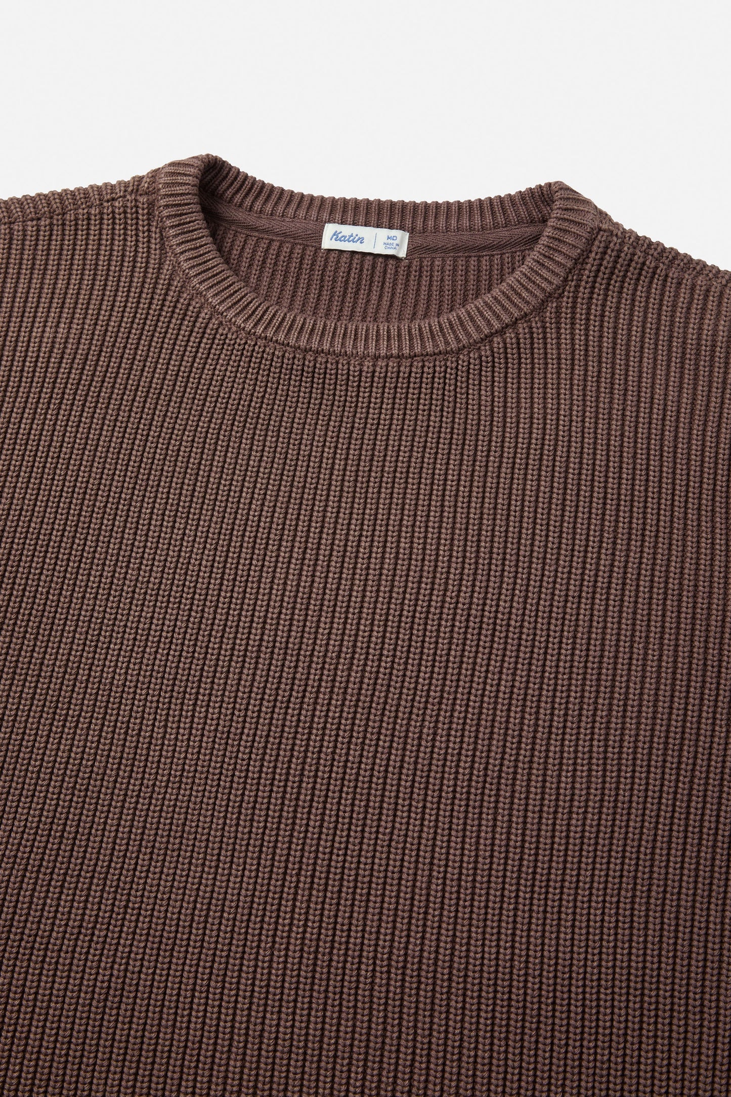 Neckline detail on the Rain Drum Swell Cable Knit Men's Sweater by Katin