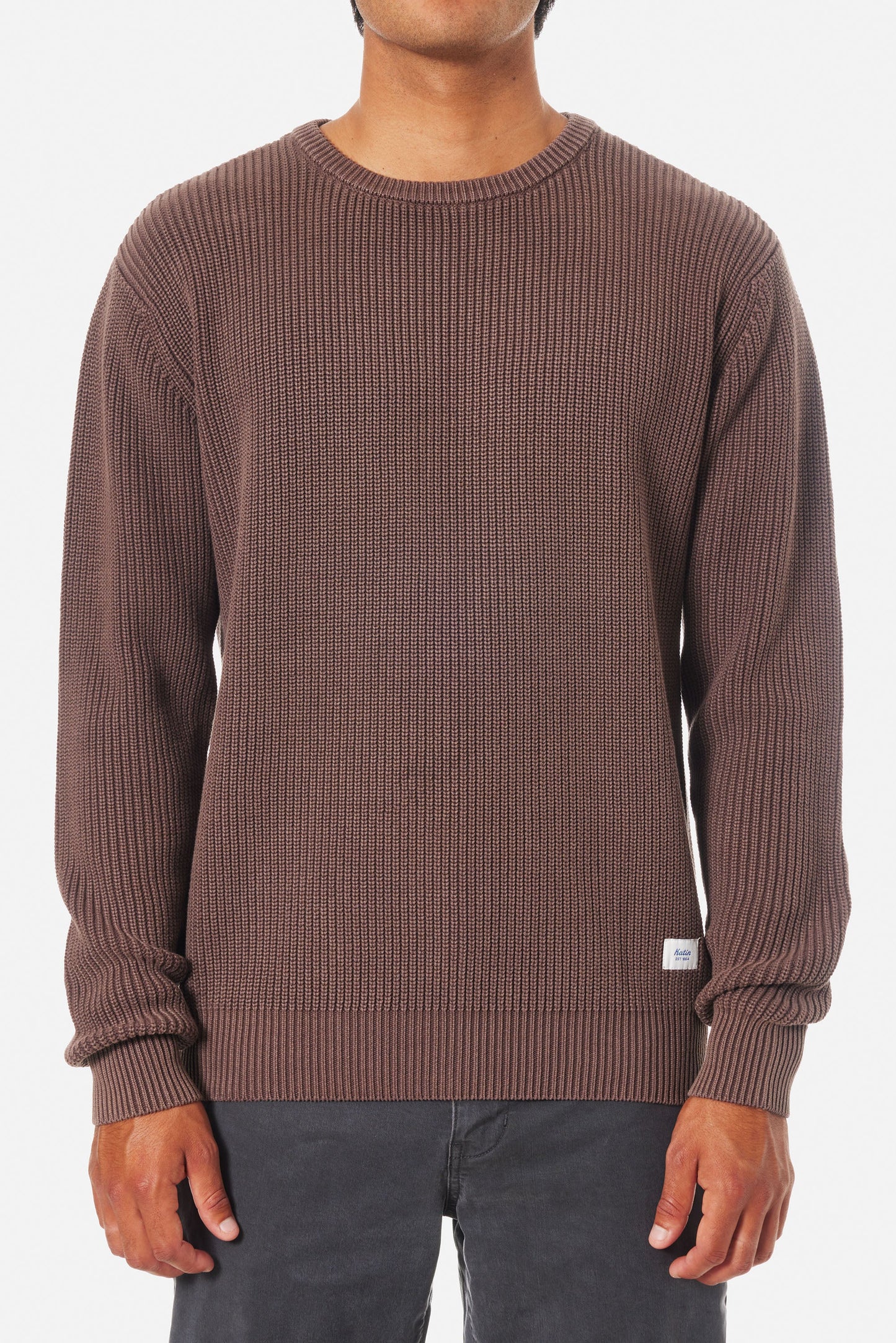 Front view of the Rain Drum Swell Cable Knit Men's Sweater by Katin