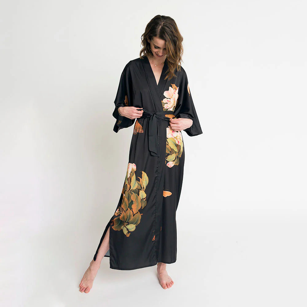 
                      
                        The Peony & Butterfly Long Kimono Robe offers a waist tie
                      
                    