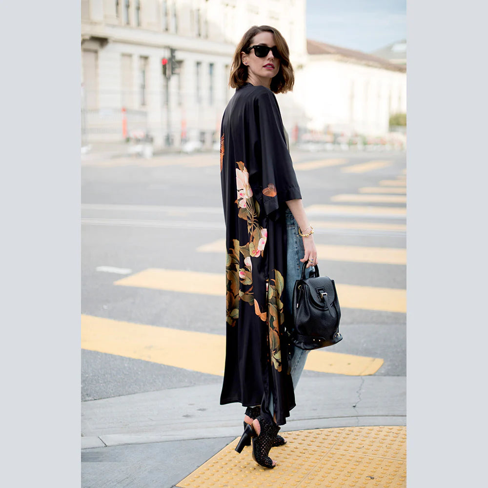 Wear the Peony & Butterfly Long Kimono Robe as a coverup or as a robe