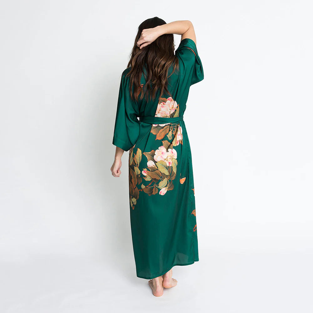 
                      
                        Back view of the Peony & Butterfly Long Kimono Robe in Emerald
                      
                    