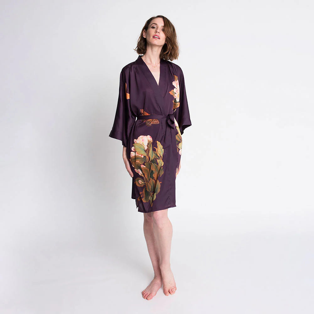 
                      
                        Front view of the Peony & Butterfly Short Kimono Robe in the color Plum
                      
                    