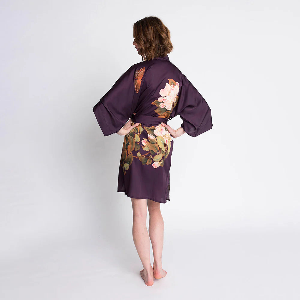 Back view of the Peony & Butterfly Short Kimono Robe in the color Plum