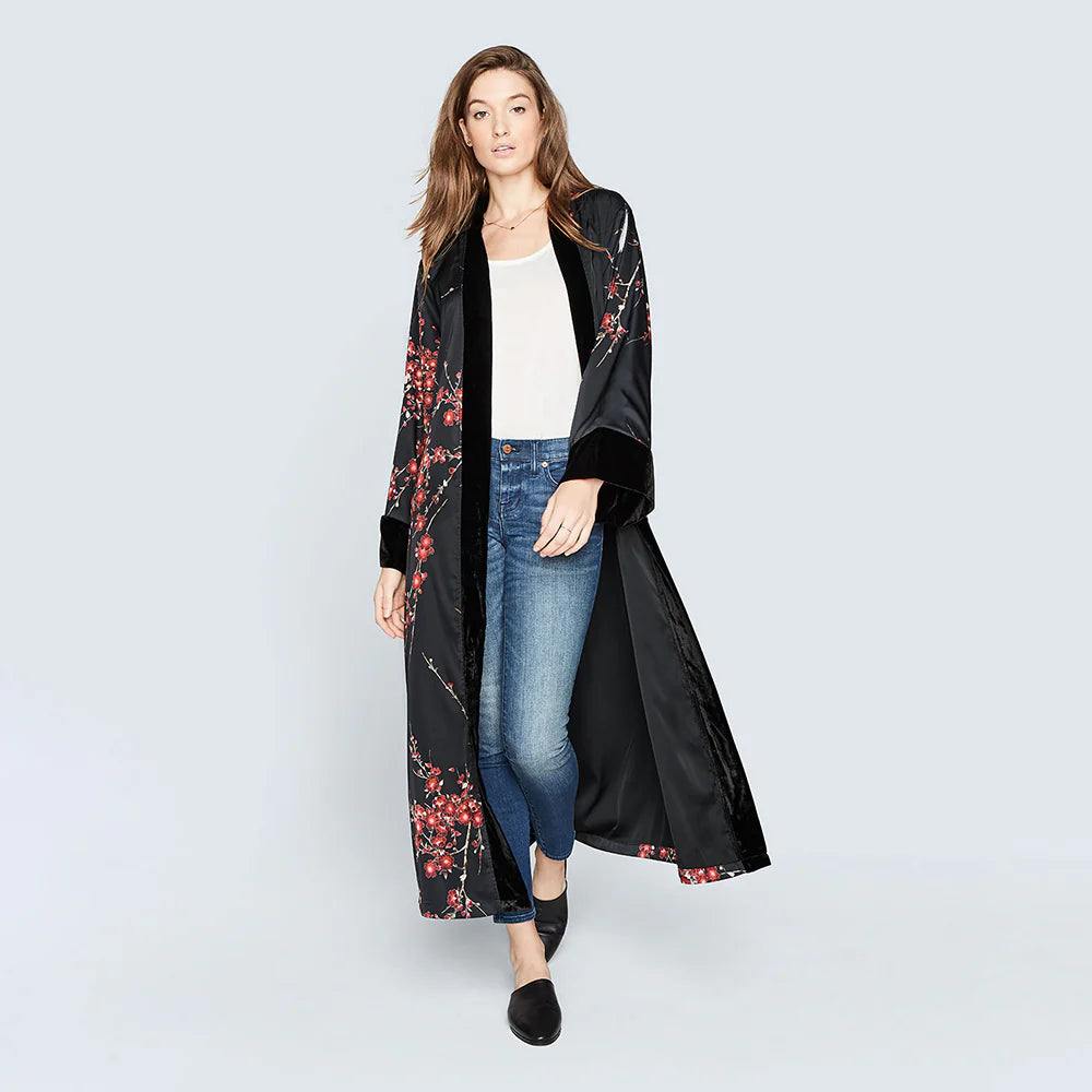 Draped long kimono wrap with a cherry blossom design