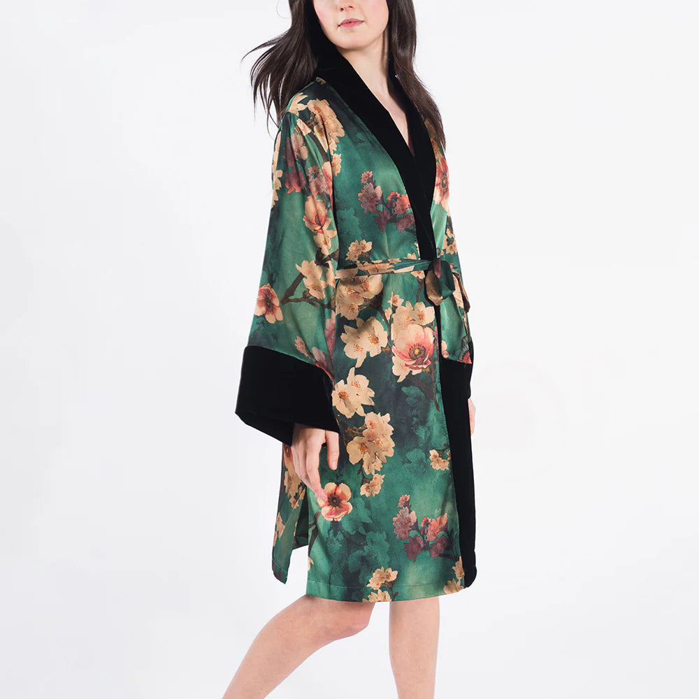 The Azumi Short Kimono Wrap features velvet trims and a floral print design