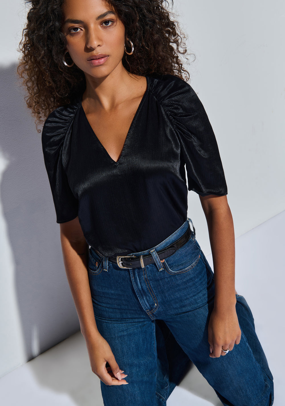 Nation LTD's Lena Top features a flattering v-neckline and ruched detail at the sleeves