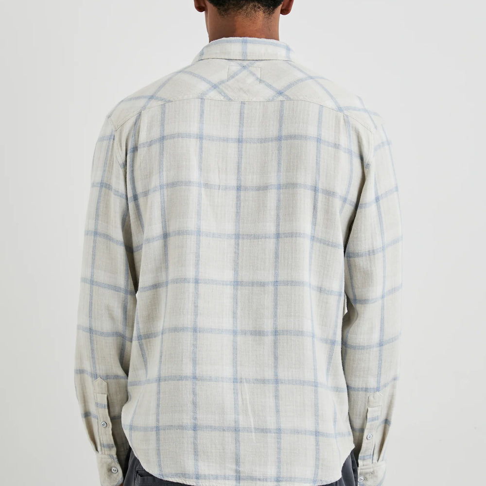 Back view of the  Parchment Sky Melange Lennox Shirt by the brand Rails