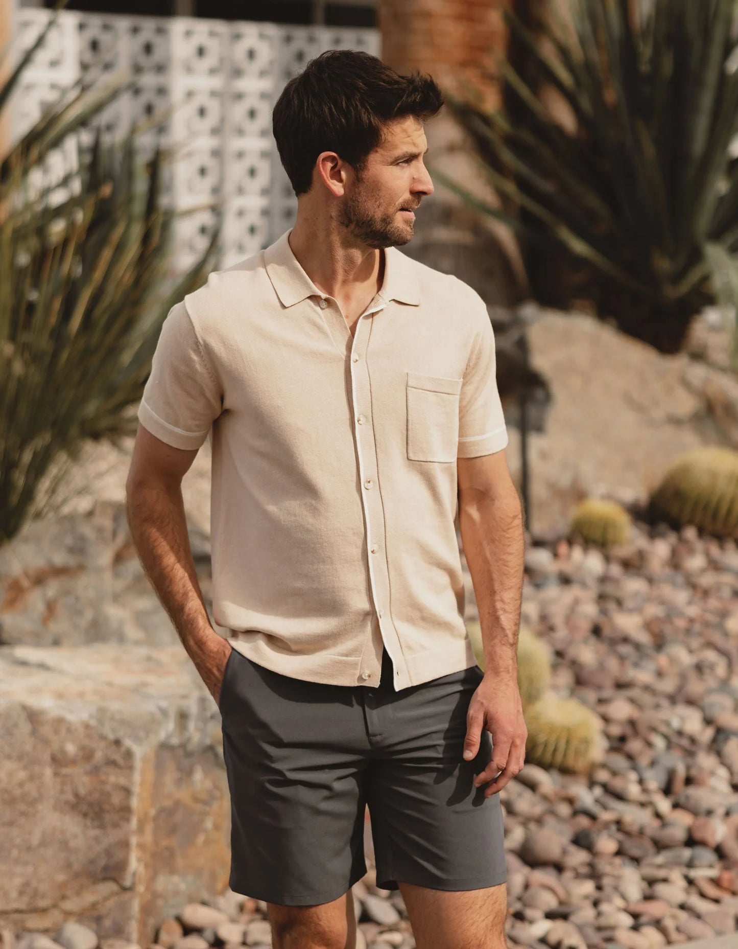 Front view of the The Normal Brand Robles Knit Button Down in the color Tan/Cream