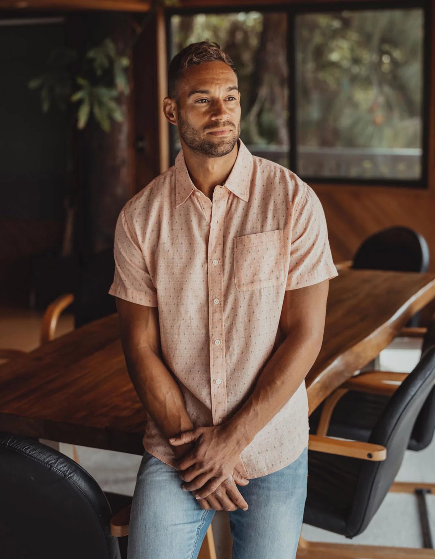 Front view of The Normal Brand's Freshwater Button Up Shirt in the color Double Nep Copper Dobby