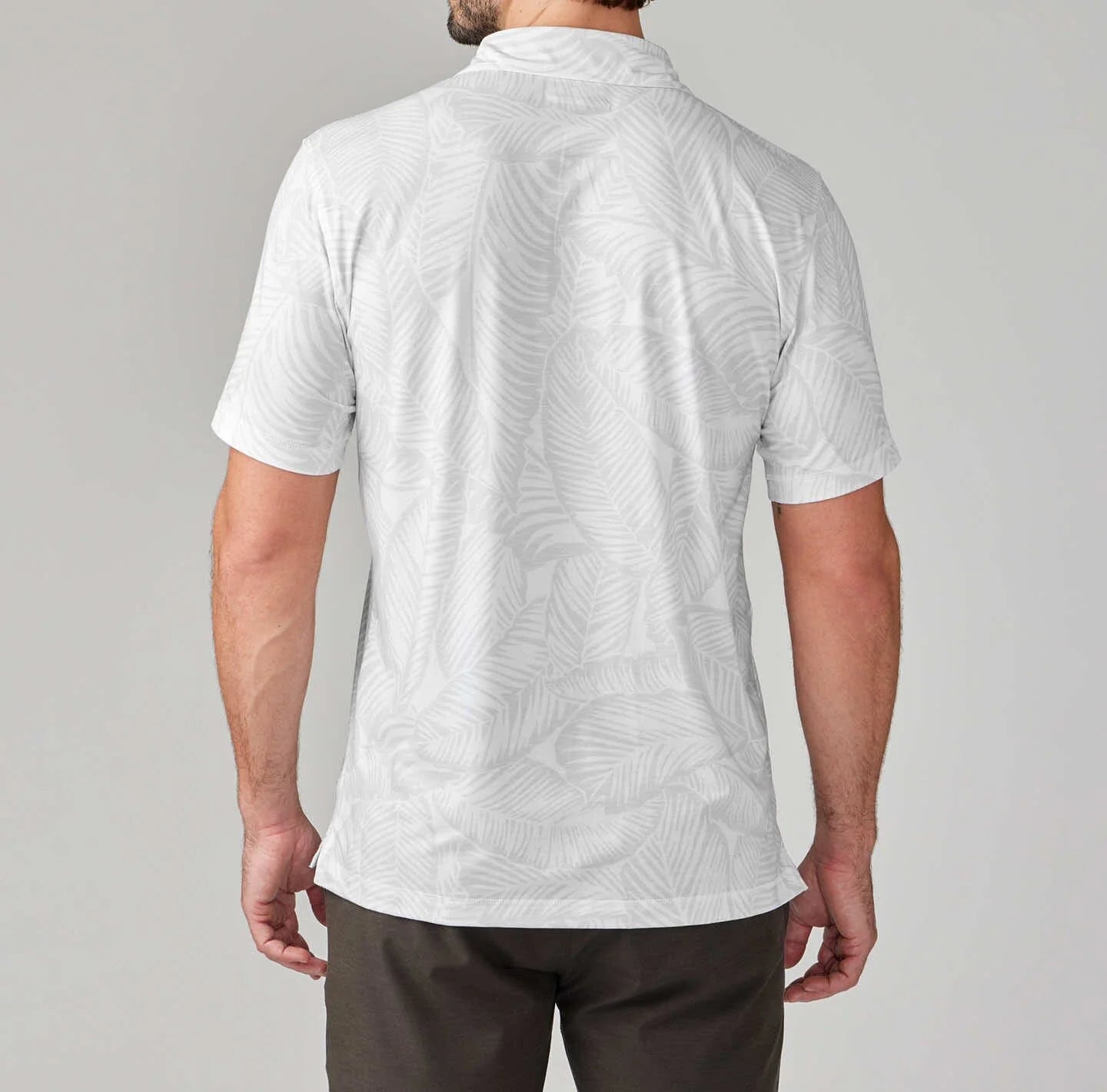 Back view of the White Heather Large Palm Printed Delray Polo by LINKSOUL