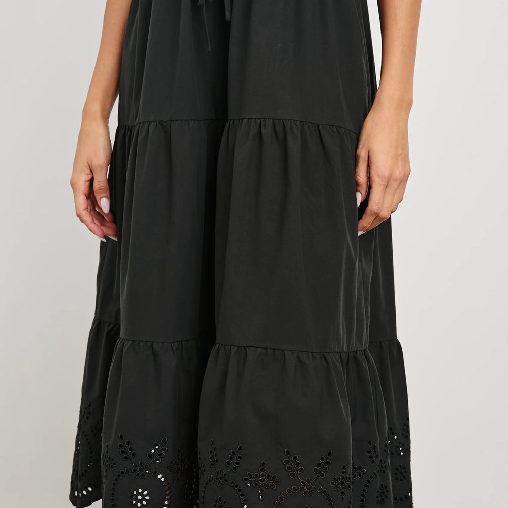 The Black Eyelet Lucia Midi Dress by Rails with tiered skirt and elastic waist detail