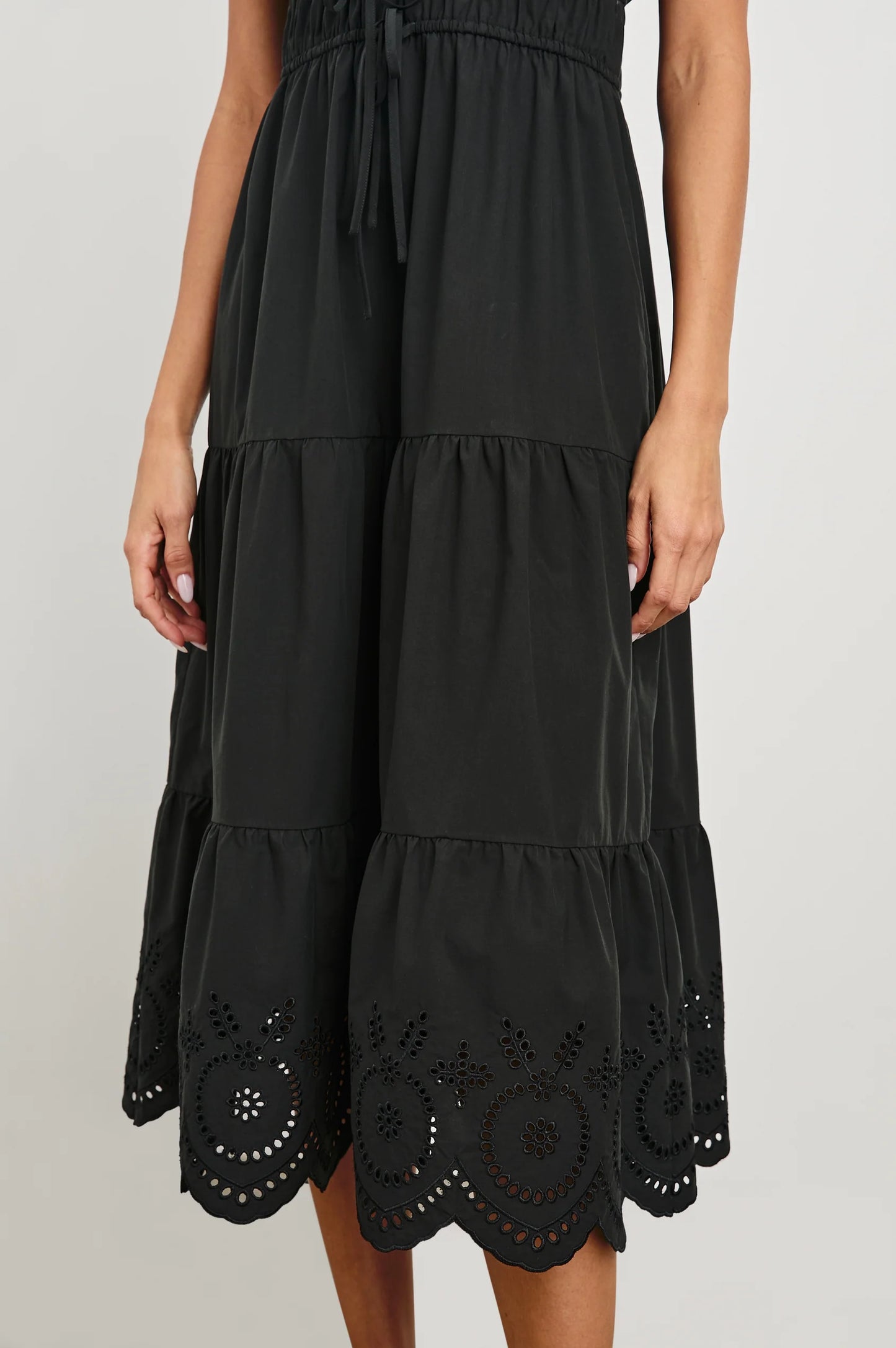 The Black Eyelet Lucia Midi Dress by Rails with tiered skirt and elastic waist detail