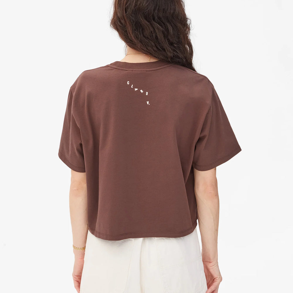 Women's brown short sleeve t-shirt with Clare V. branding on the back