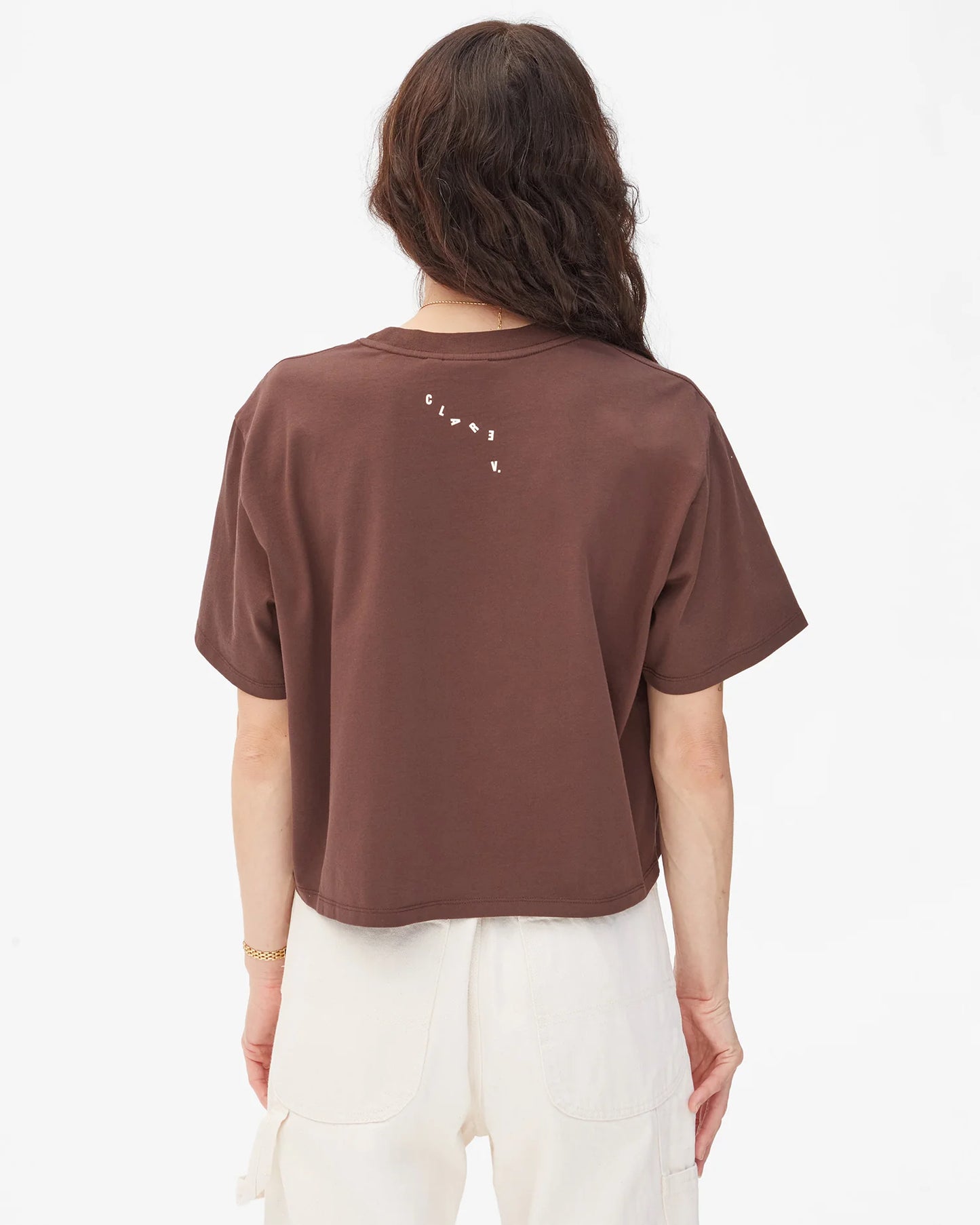 Women's brown short sleeve t-shirt with Clare V. branding on the back