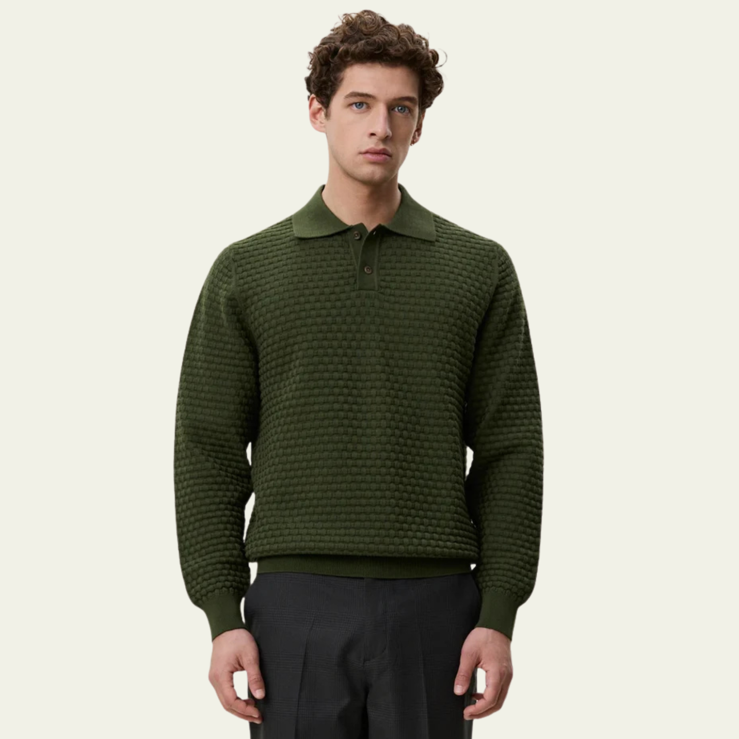 Les Deux Rifle Green Check Structure Knitted Long Sleeve Polo