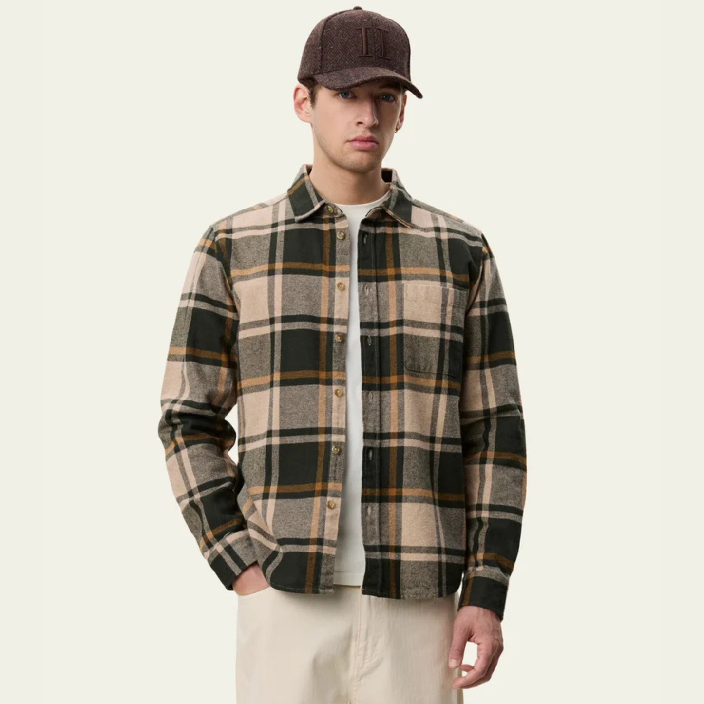 Les Deux Check Flannel Shirt in Rosin Green