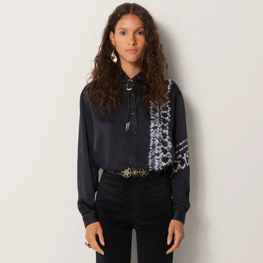 A woman wearing the Maison Hotel Elizabeth Blouse