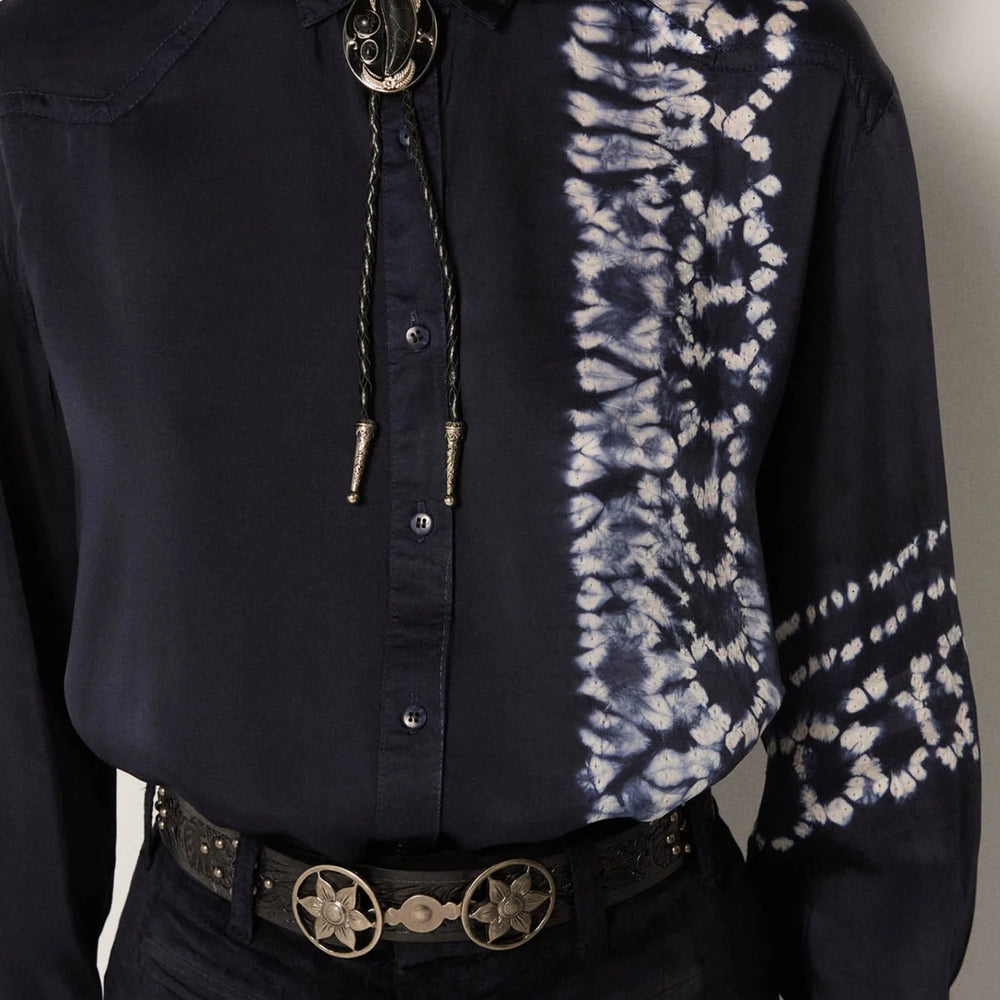 
                      
                        Dark navy blouse with tie-dye and patterned sleeves 
                      
                    