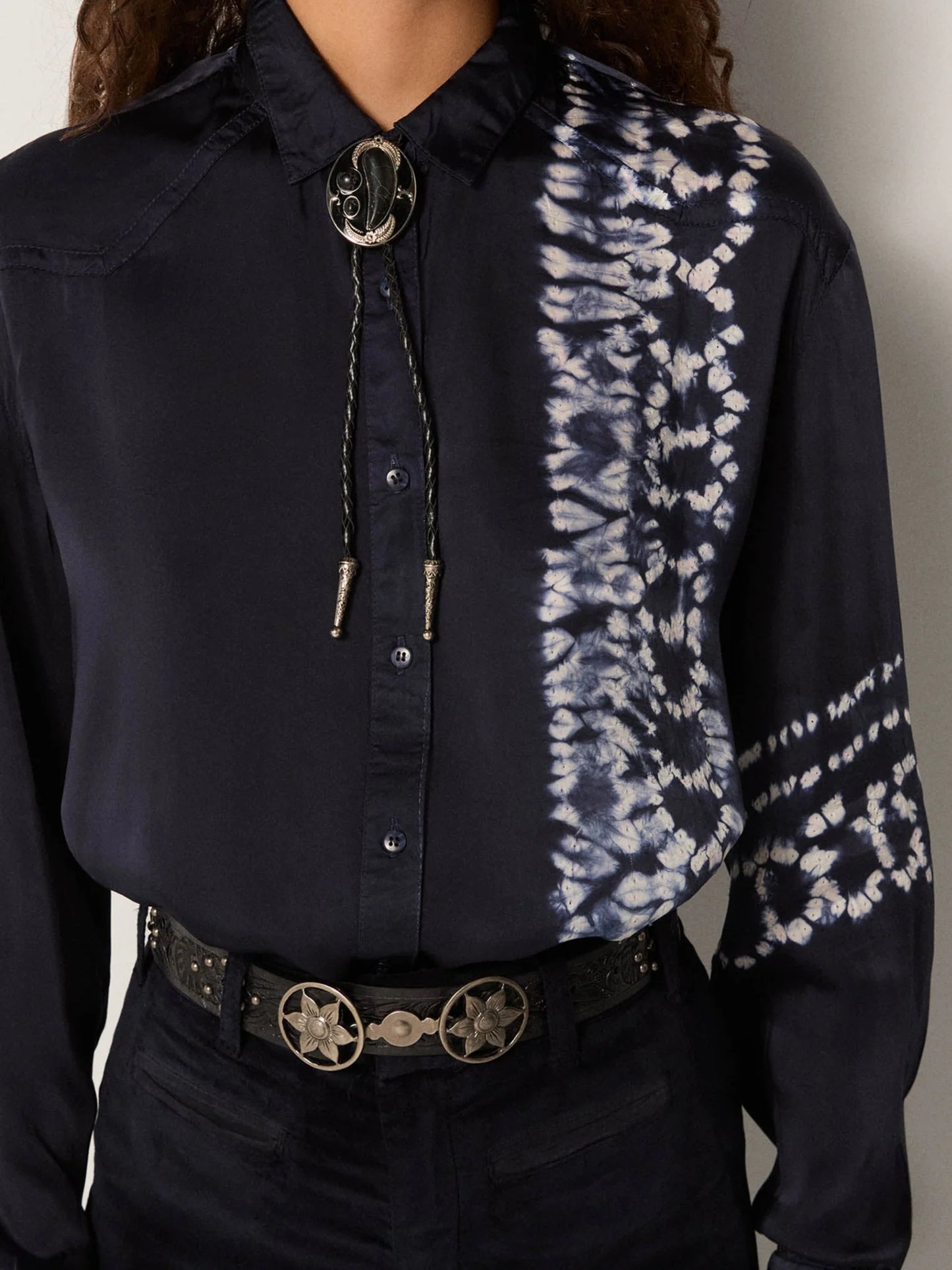 Dark navy blouse with tie-dye and patterned sleeves 