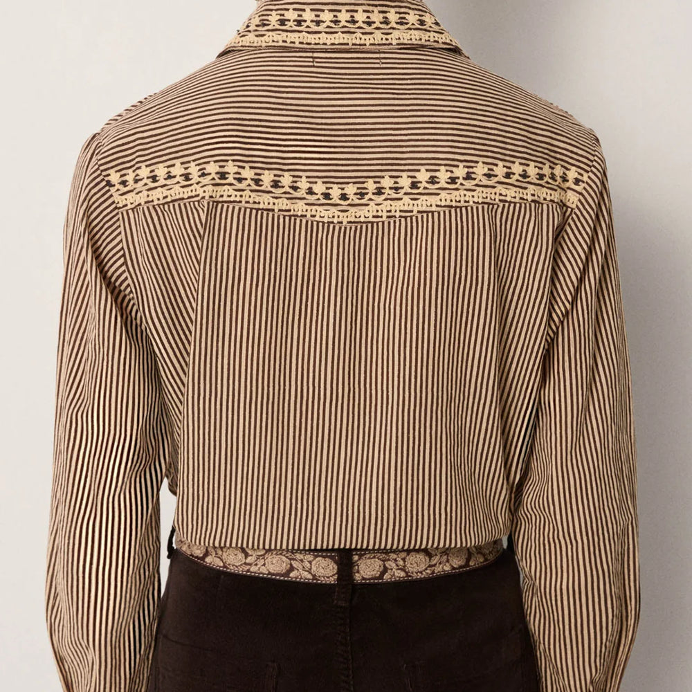 Brown and beige striped shirt with decorative trim from Maison Hotel