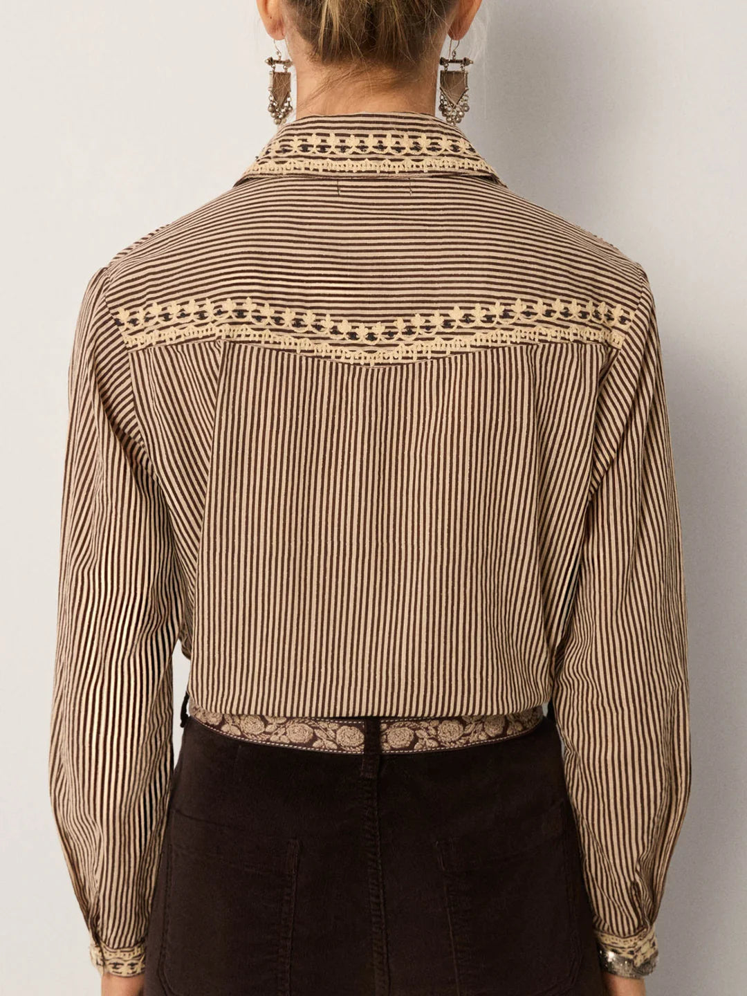 Brown and beige striped shirt with decorative trim from Maison Hotel