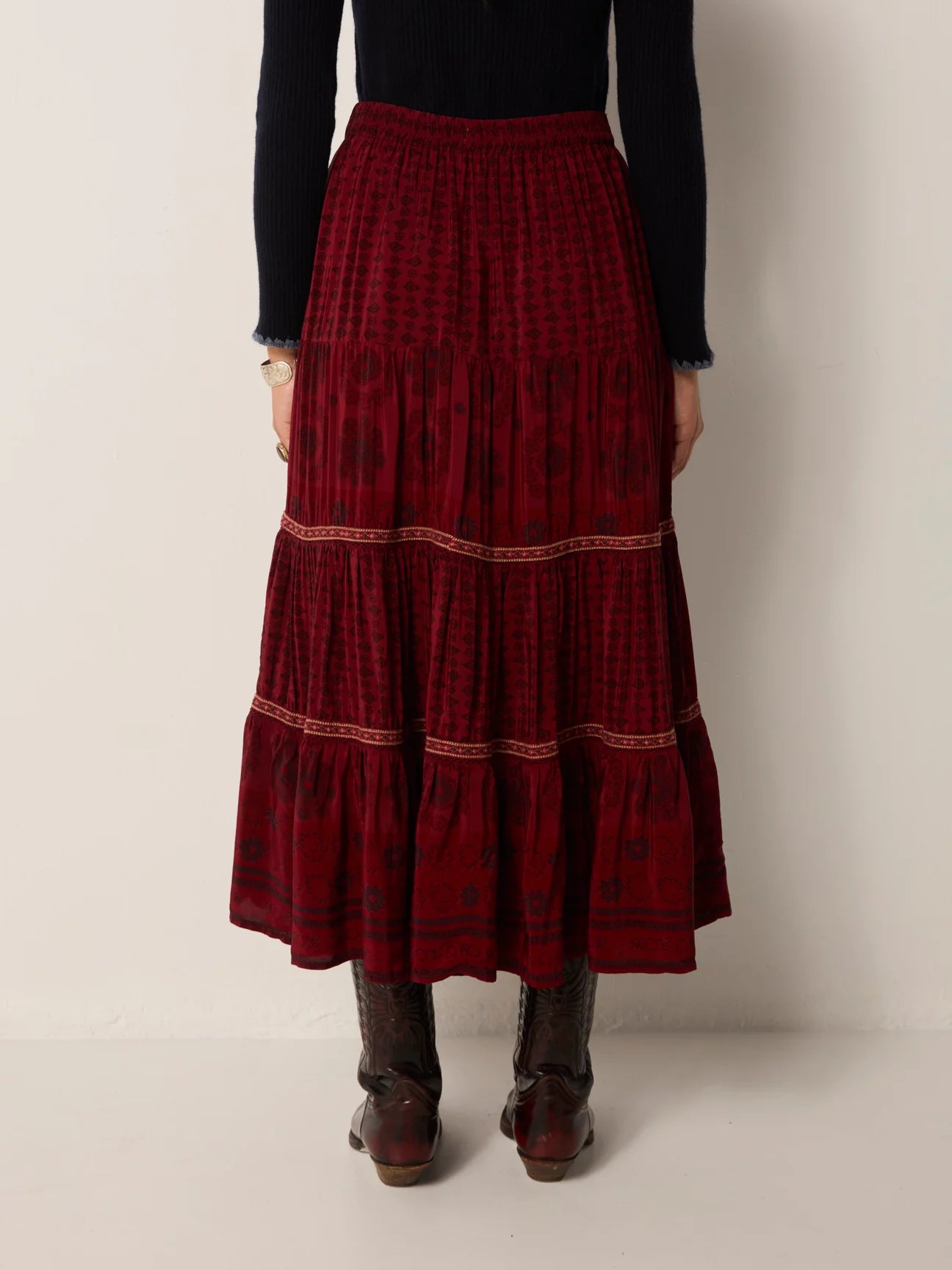 Dark red tiered skirt from Maison Hotel