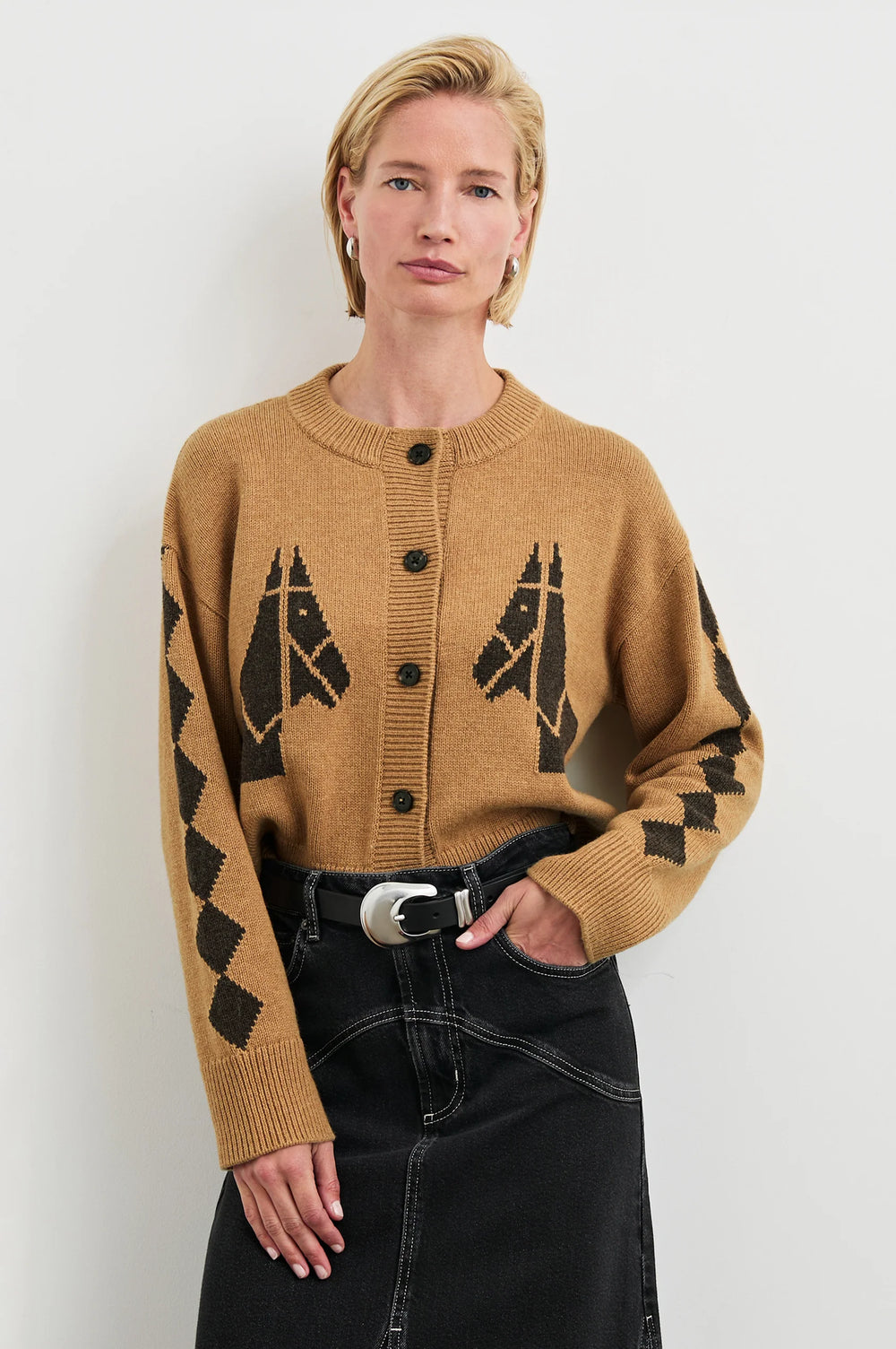 The Mavie by Rails is a women's novelty cardigan featuring a horse design with diamond sleeves. Shop now at Harbour Thread for stand-out sweater style. 