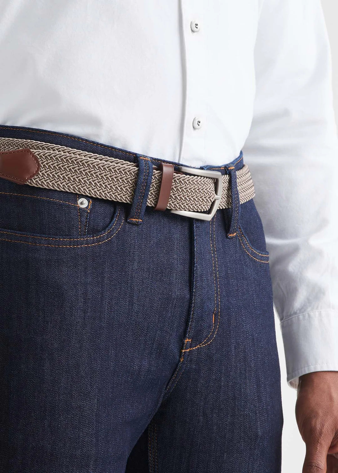 The Performance Stretch Belt in beige and brown by DU/ER