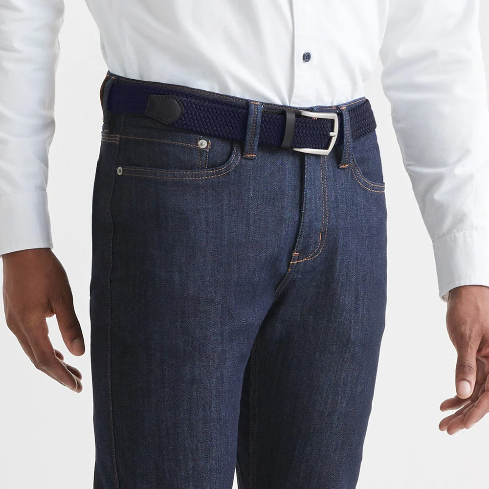 
                      
                        Outfit styled with the Navy and Black Performance Stretch Belt by DU/ER
                      
                    