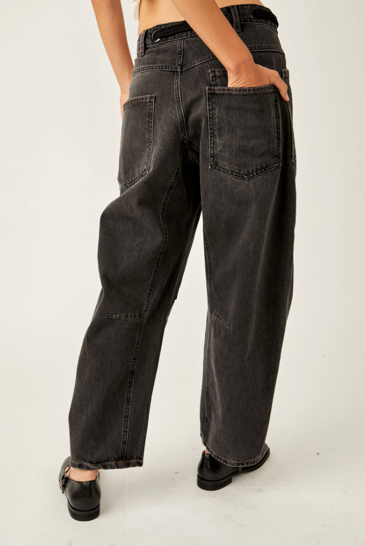 Back view of the Black Moxie Low Slung Barrel Jeans by Free People