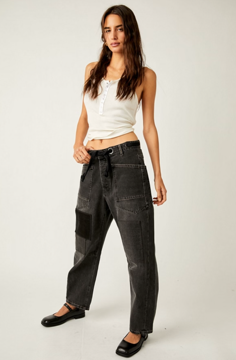 The Black Moxie Low Slung Barrel Jeans by Free People