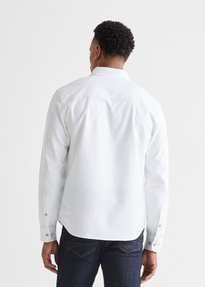 Back view of the Performance Stretch Button Down in the color white, by DUER