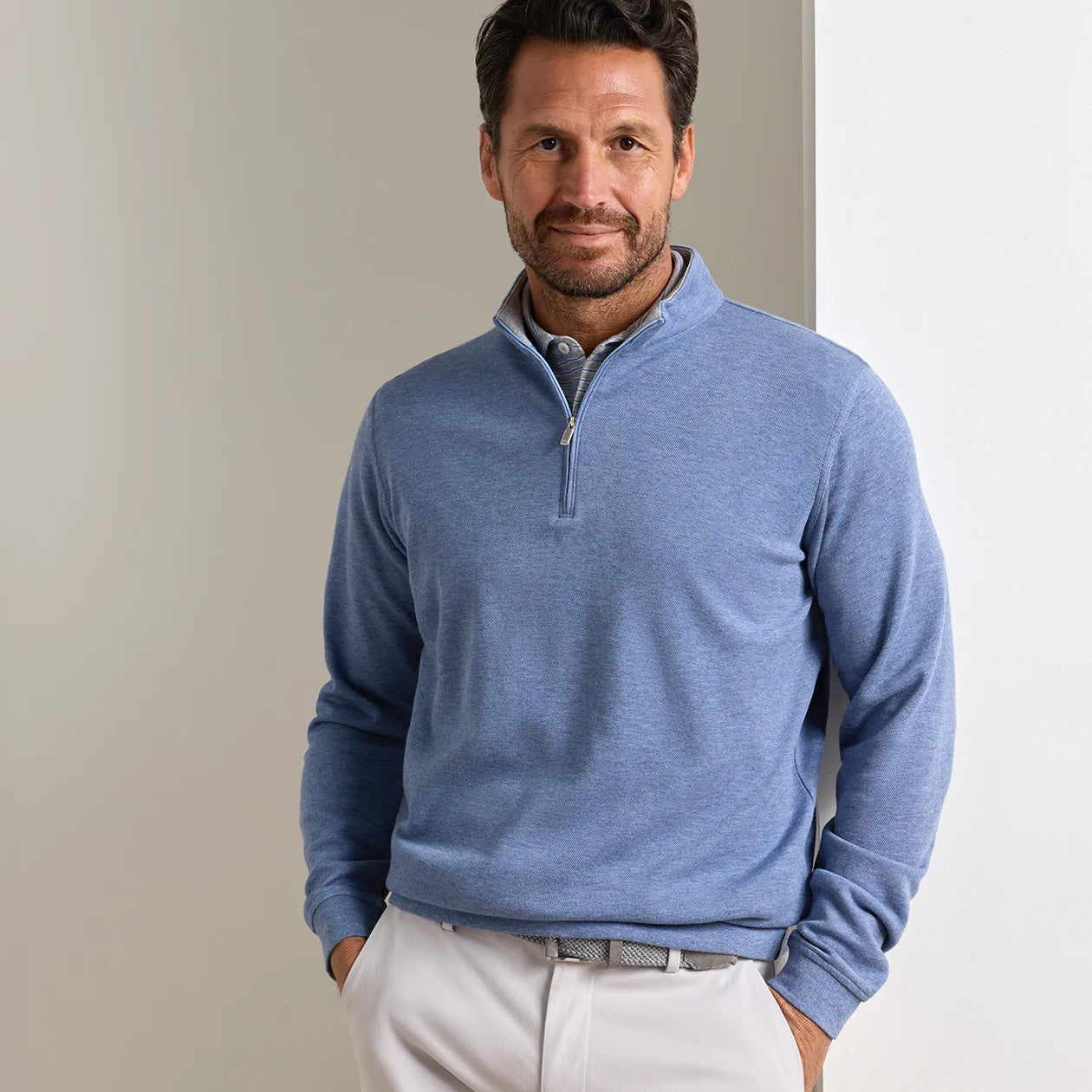 Peter Millar Crown Comfort Quarter-Zip Pullover in the color Summer Rain