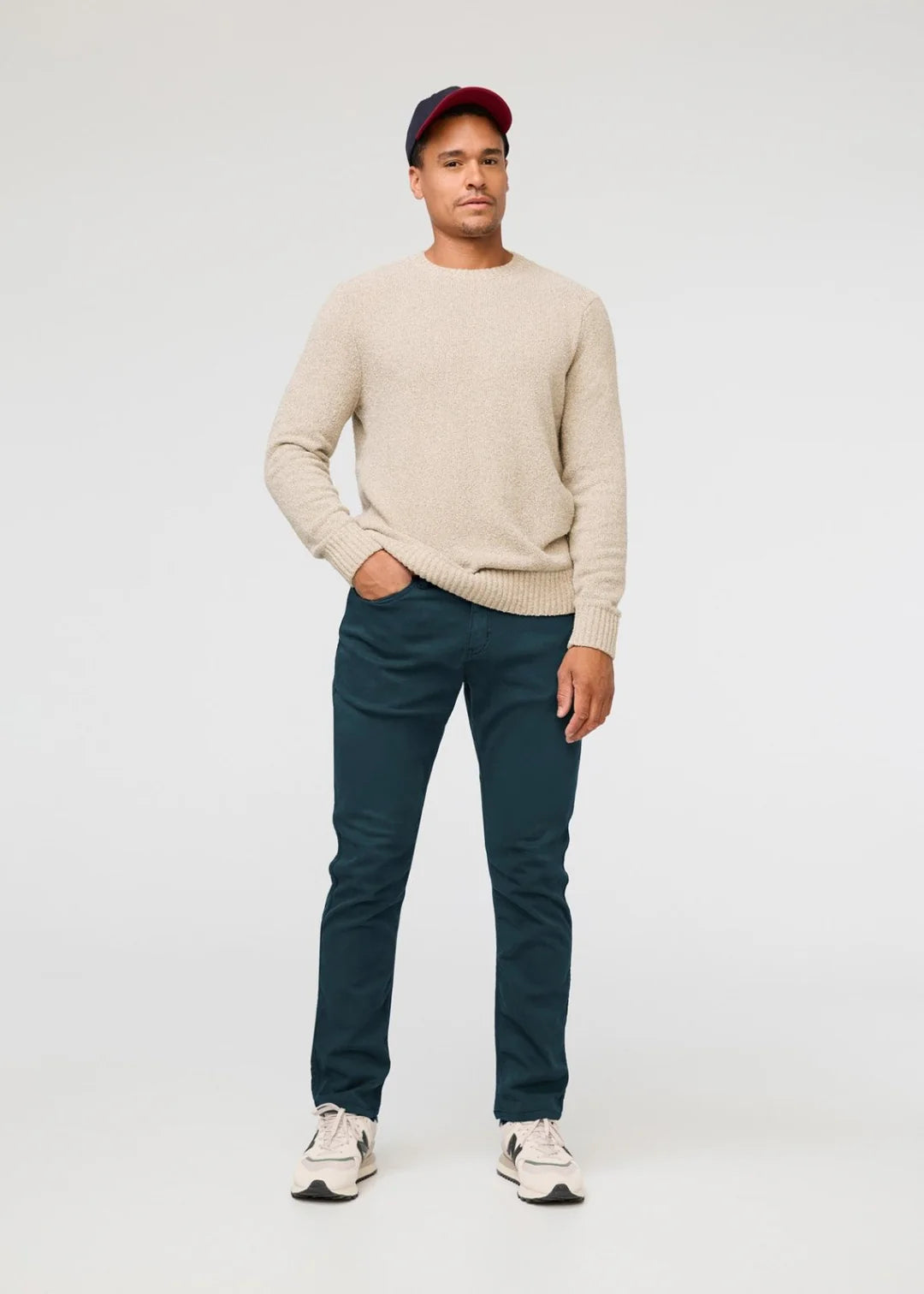 An outfit styled with the Dark Sail No Sweat Pant Relaxed Taper by DUER