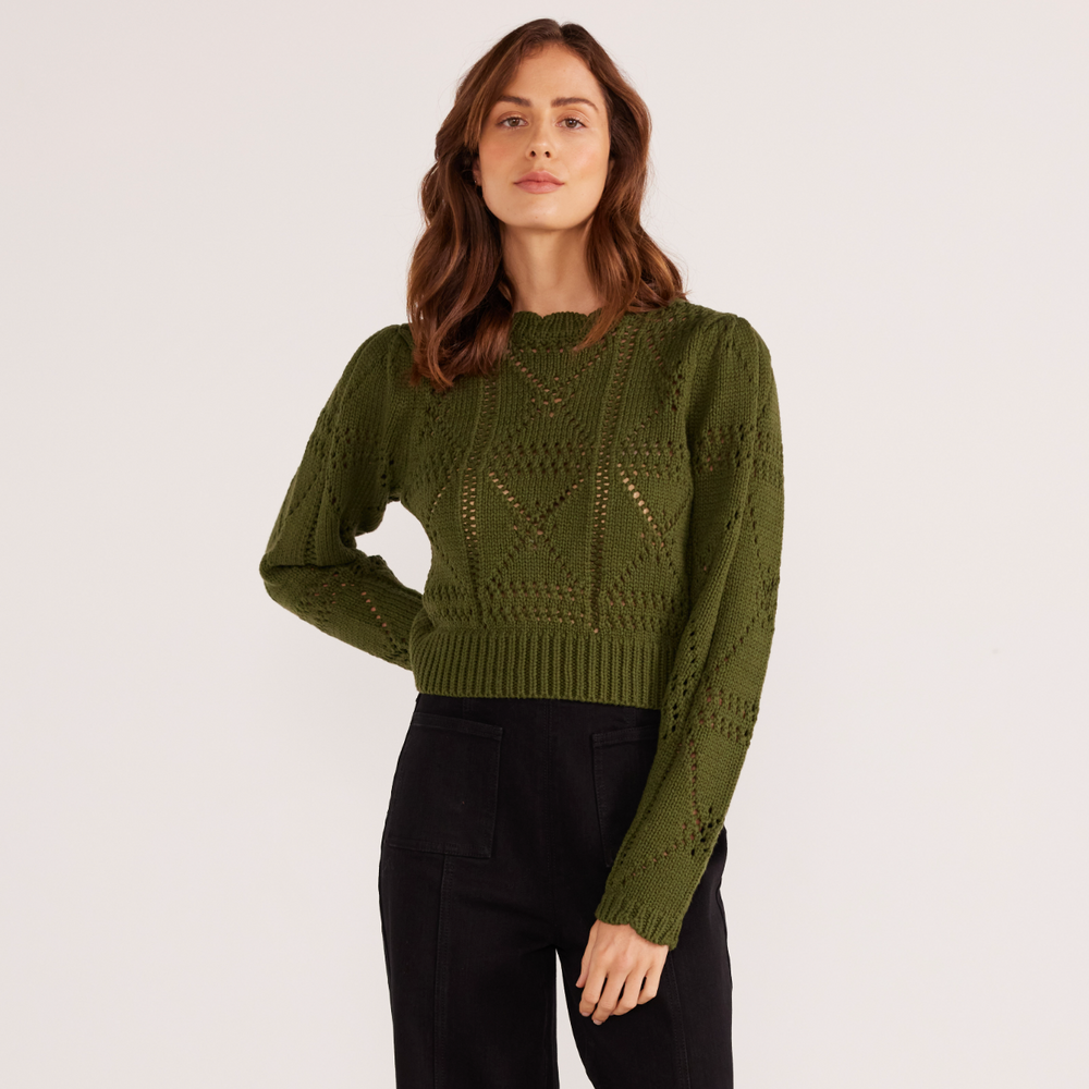 
                      
                        Front view of a woman wearing the Forest Green Sally Pointelle Knit Jumper by MINKPINK
                      
                    