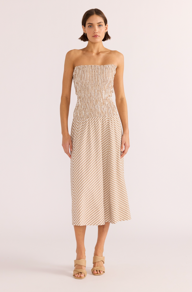 Find the tan stripe Artemis Shirred Midi Dress by MINKPINK at Harbour Thread.