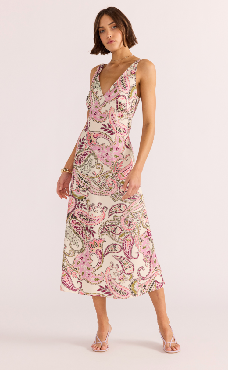 Shop the pink paisley Cadence Bias Slip Midi Dress by MINKPINK at Harbour Thread for effortlessly elegant style.