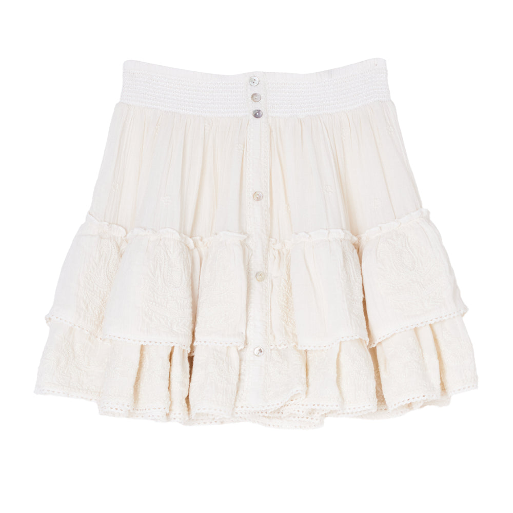 
                      
                        Flat lay view of the white Mina Embroidered Mini Skirt by M.A.B.E.
                      
                    