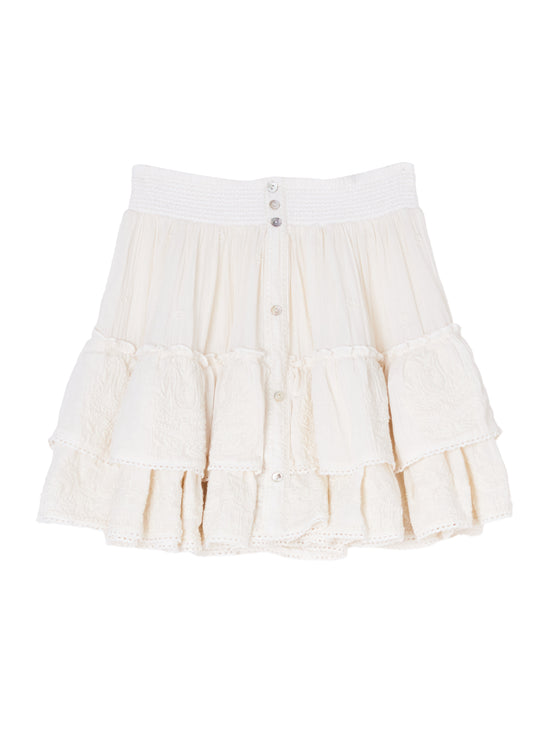 Flat lay view of the white Mina Embroidered Mini Skirt by M.A.B.E.