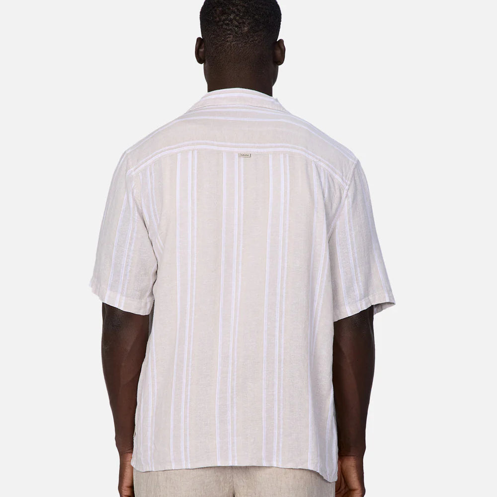 
                      
                        Man wearing a white short-sleeve shirt with vertical stripes on a white background
                      
                    