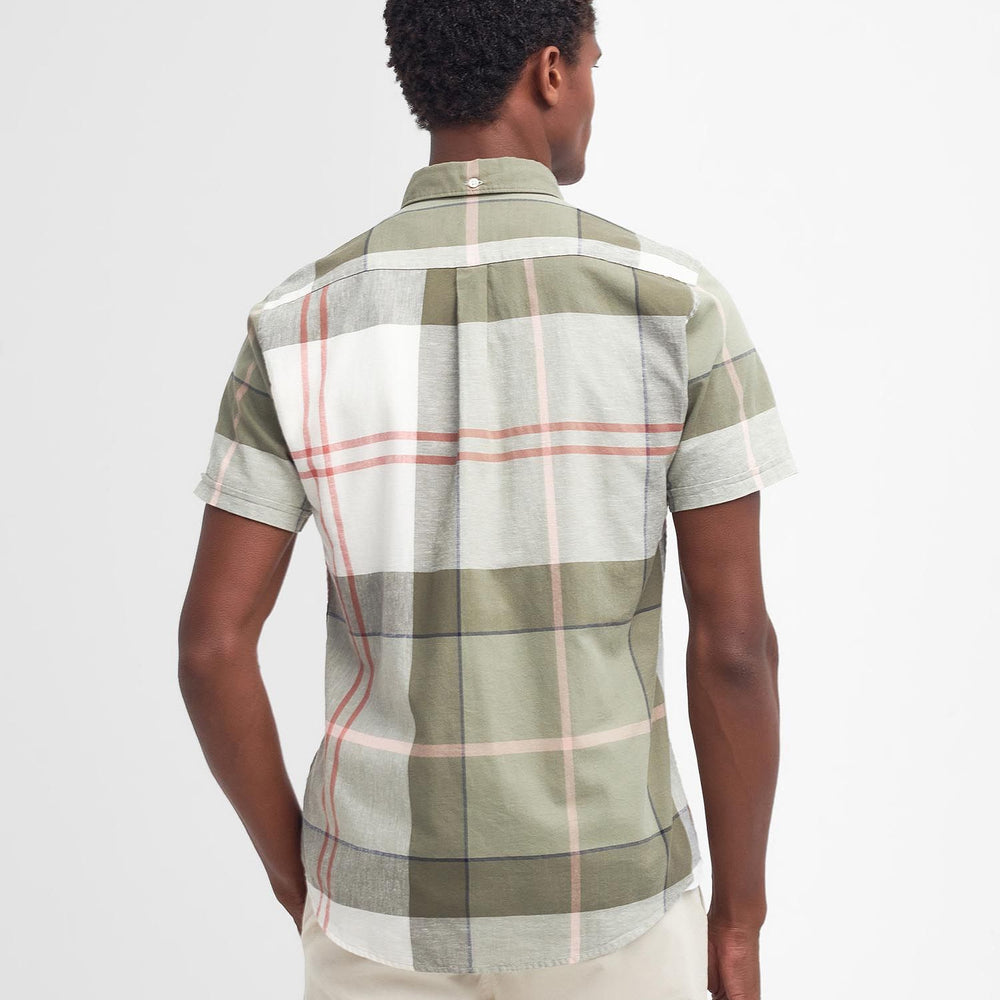 Back view of the olive tartan Douglas Short-Sleeved Tailored Men's Shirt by Barbour