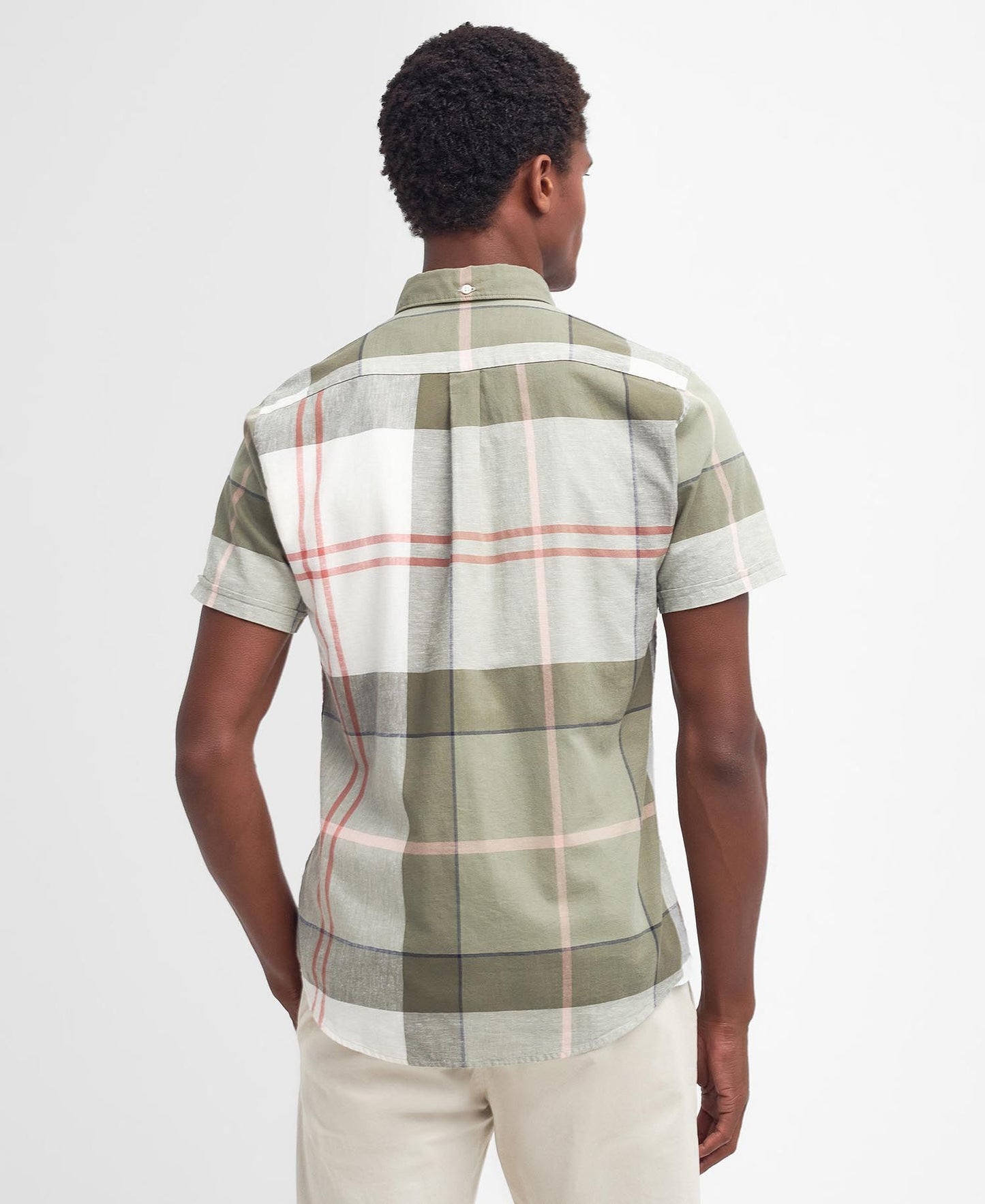 Back view of the olive tartan Douglas Short-Sleeved Tailored Men's Shirt by Barbour