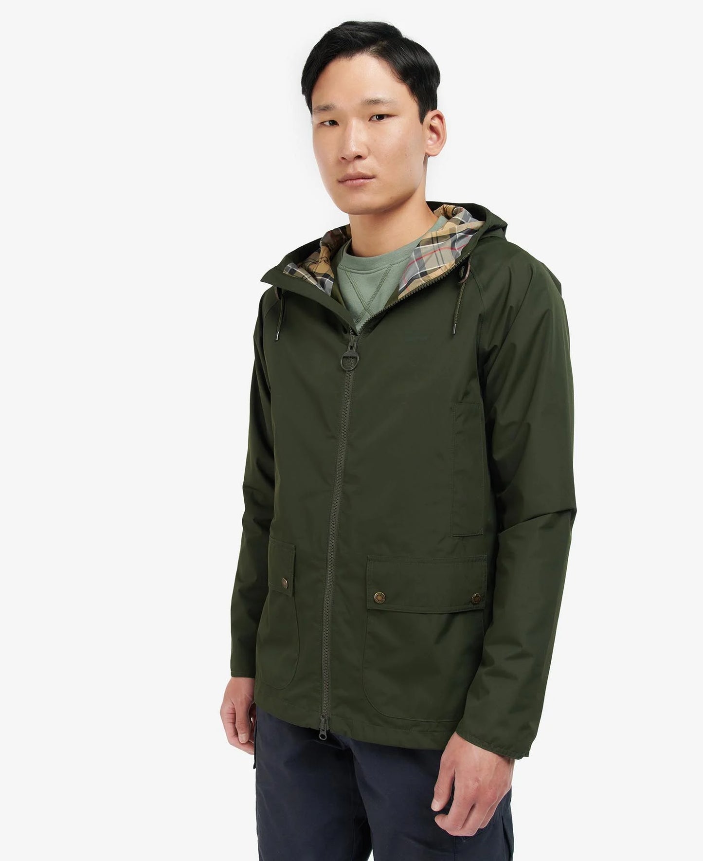 Front view of the green Hooded Domus Jacket by Barbour